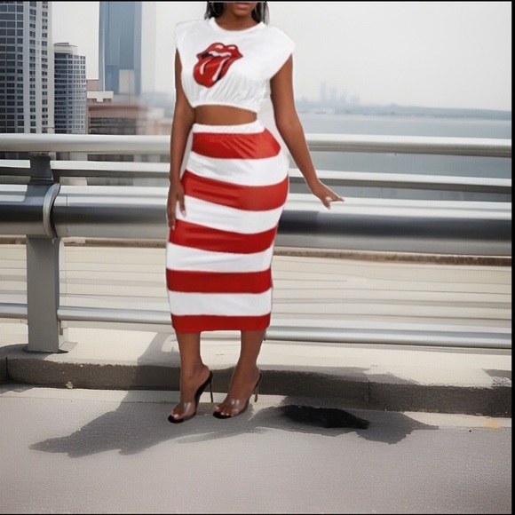 ππ
Rolling Stones Lips Mouth Crop Top & Long Red & Black Striped 2pc Skirt Set - Picture 12 of 15